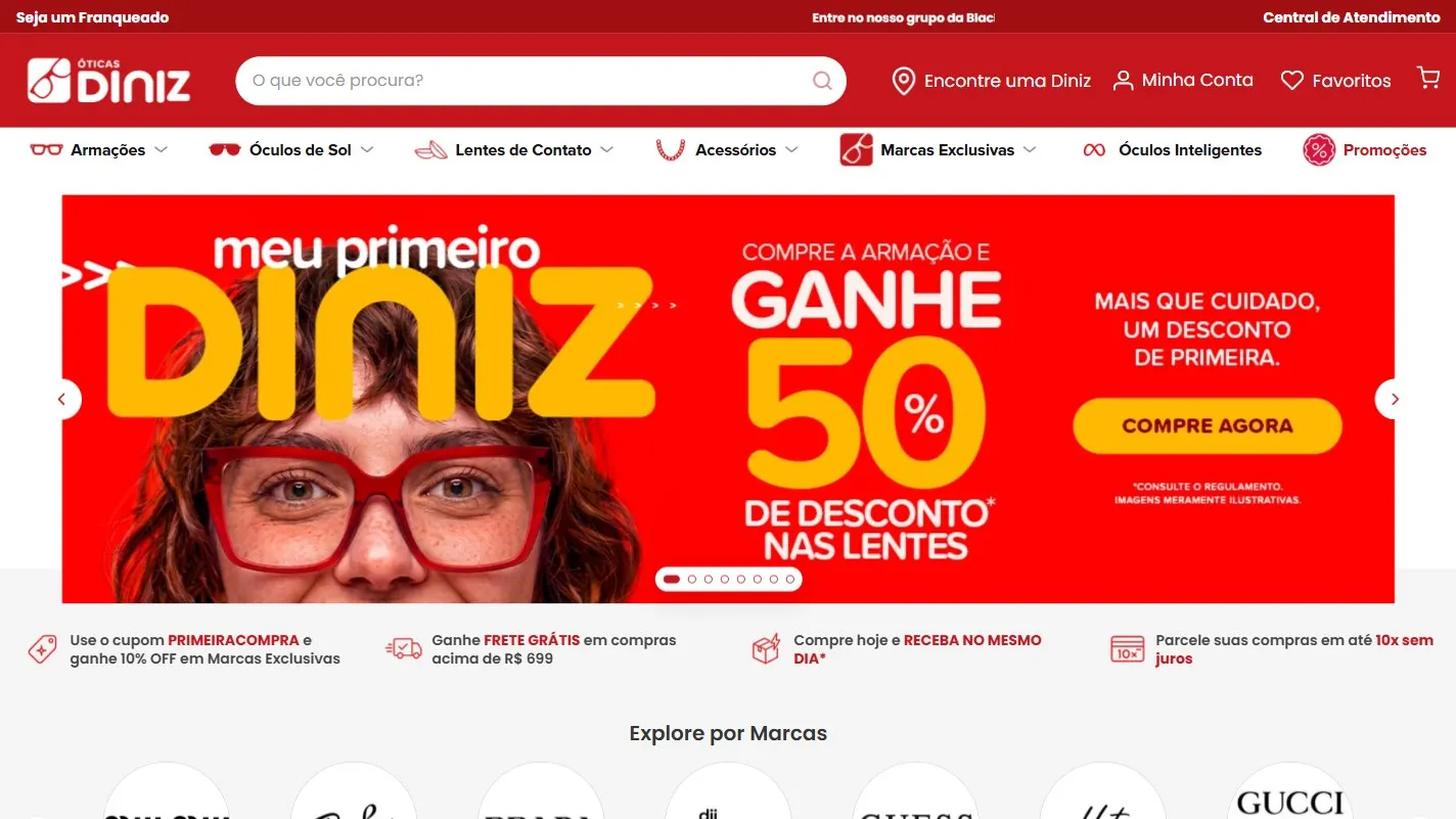 Página inicial do site da Óticas Diniz