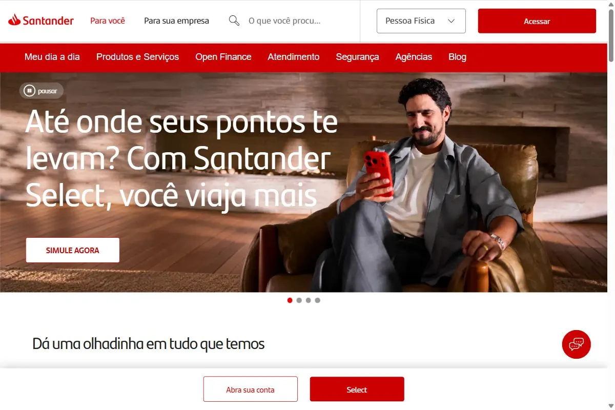 Página inicial do site do Santander